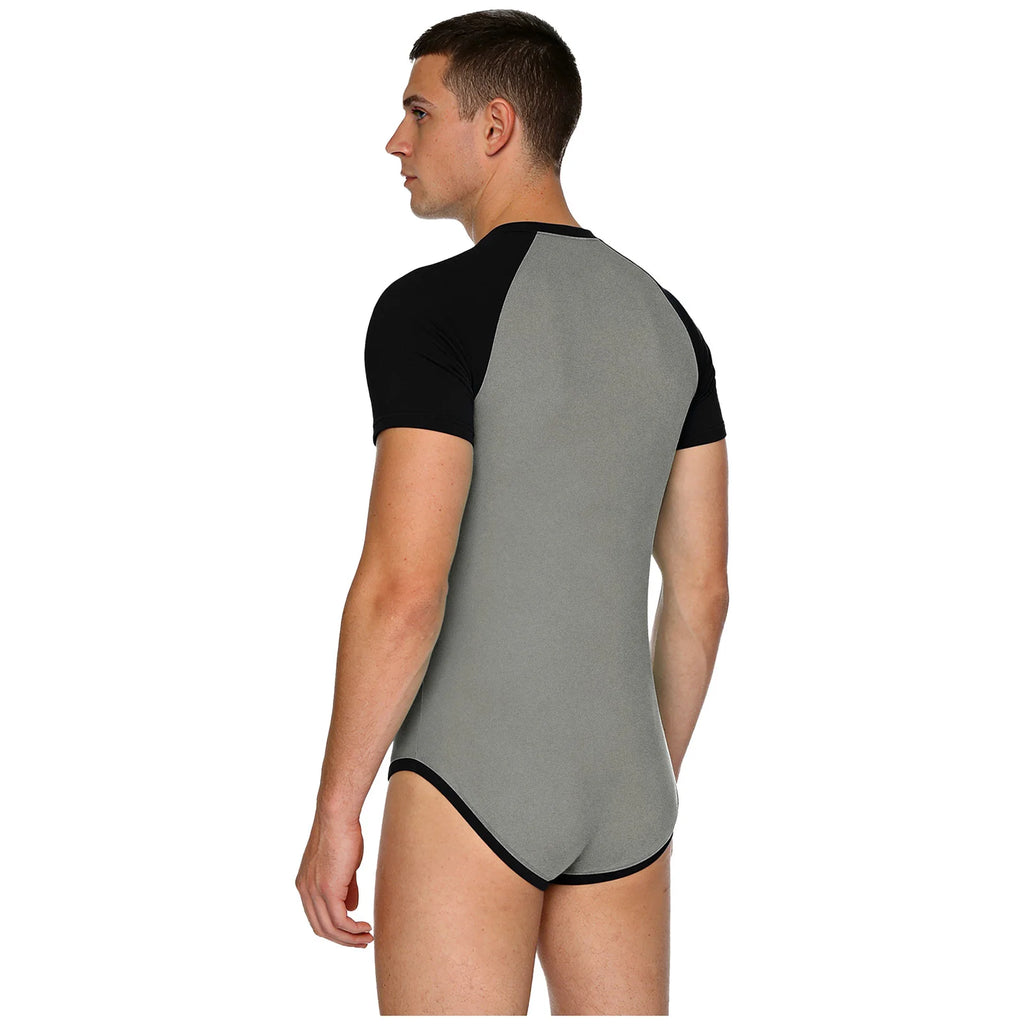 Men Workout Fitness Gym Sport Bodysuit Short Sleeve Openable Crotch Patchwork Jumpsuit for Workout Gym Sports Swimming Outfits