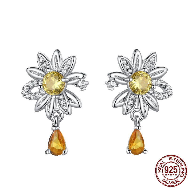 Hot Sale 925 Sterling Silver Spring Zircon Sunflower Stud Earrings For Women 2023 Trending Fashion Jewelry mother's day gift