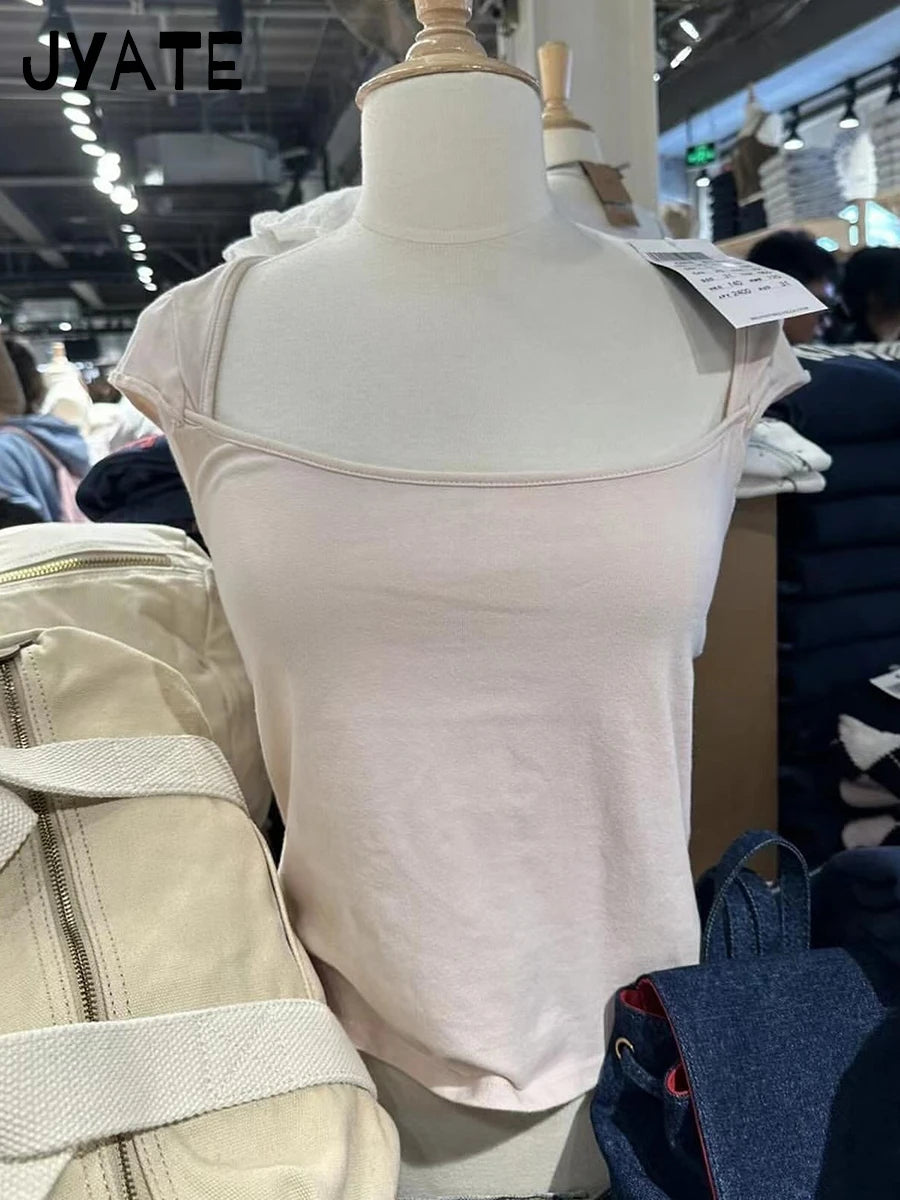 New Sweet Pink Cotton Crimping Short Sleeve Tees Women Summer Casual Simple Square Collar Crop Tops Vintage Basic Y2K T-shirts