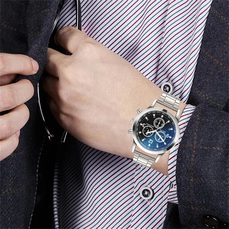 2Pcs/Set Fashion Mens Stainless Steel Bracelet Watches Luxury Quartz Wristwatch Clock Business Casual Watch Relogio Masculino