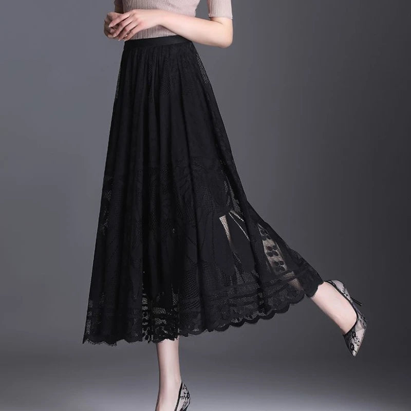 Lace Skirt for Women New Style Popular Versatile A-line Midi Skirt for Large Mesh Hollow Fairy Pleated Skirt