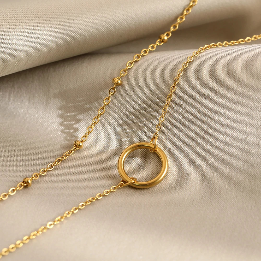 Stainless Steel Necklaces Trending Products Circle Pendant Bead Layer Chain Light Luxury Choker Fine Necklace For Women Jewelry
