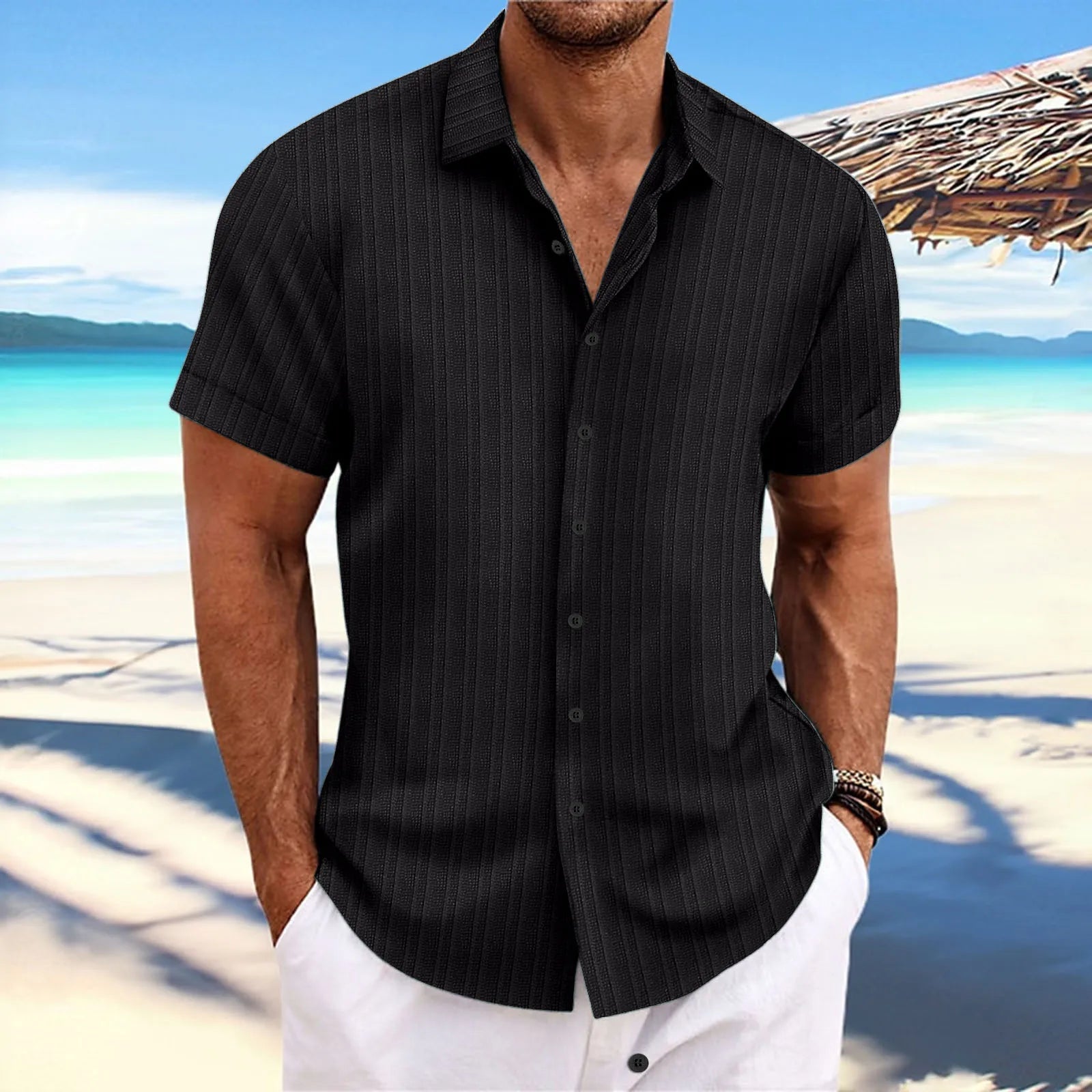 Men Must Summer Casual Shirt Cotton And Linen Stripes Casual Comfortable Loose Beach Lapel Cardigan Short-Sleeved Top