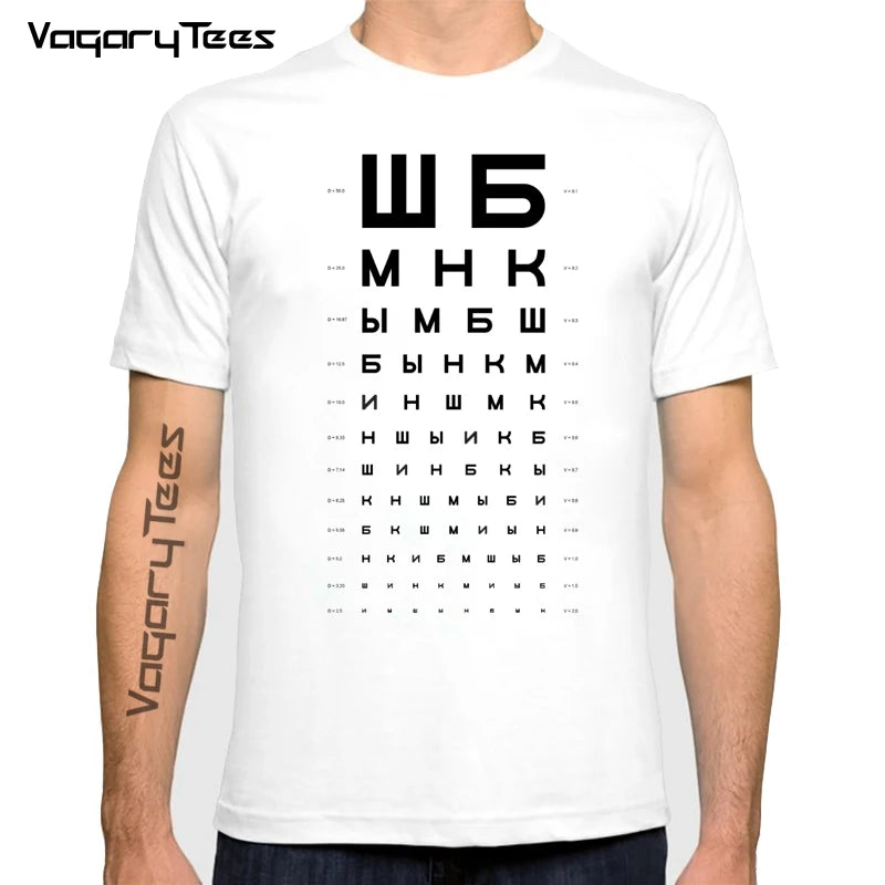 Creative Russian  Letter T shirt Men Russian Eye Chart Funny Printed Tops Short Sleeve O-neck Tshirt