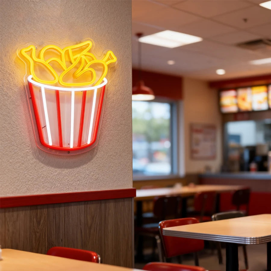 Gourmet Neon Signs, Aesthetic Business Lights Of Fried Chicken Pizza Icons, Used For Decor Of Fast Food Restaurants And Shops.
