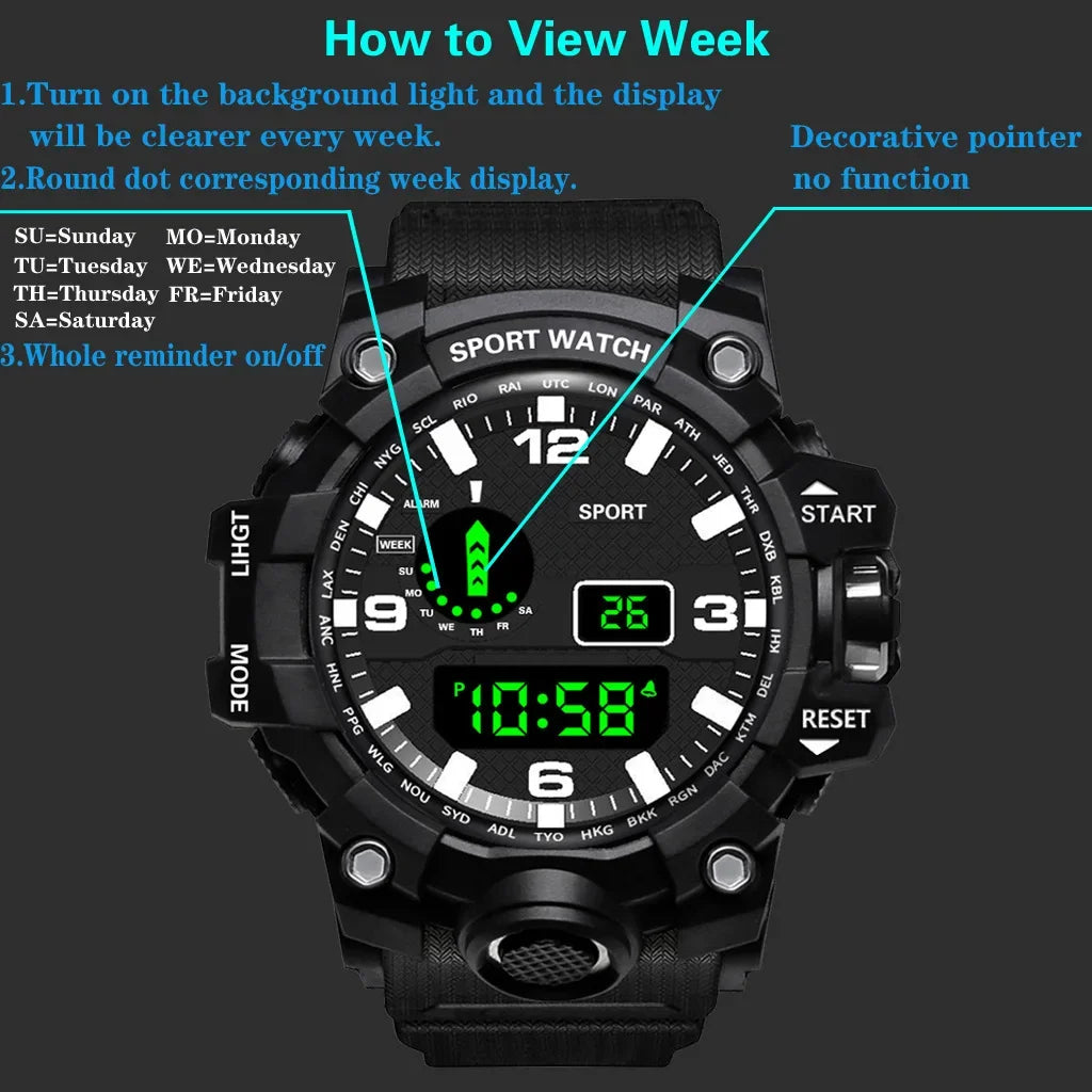 YIKAZE Men's Watch LED Digital Men Sport Watches Fitness Electronic Watch Multifunction Military Sports Watches Clock Kids Gifts