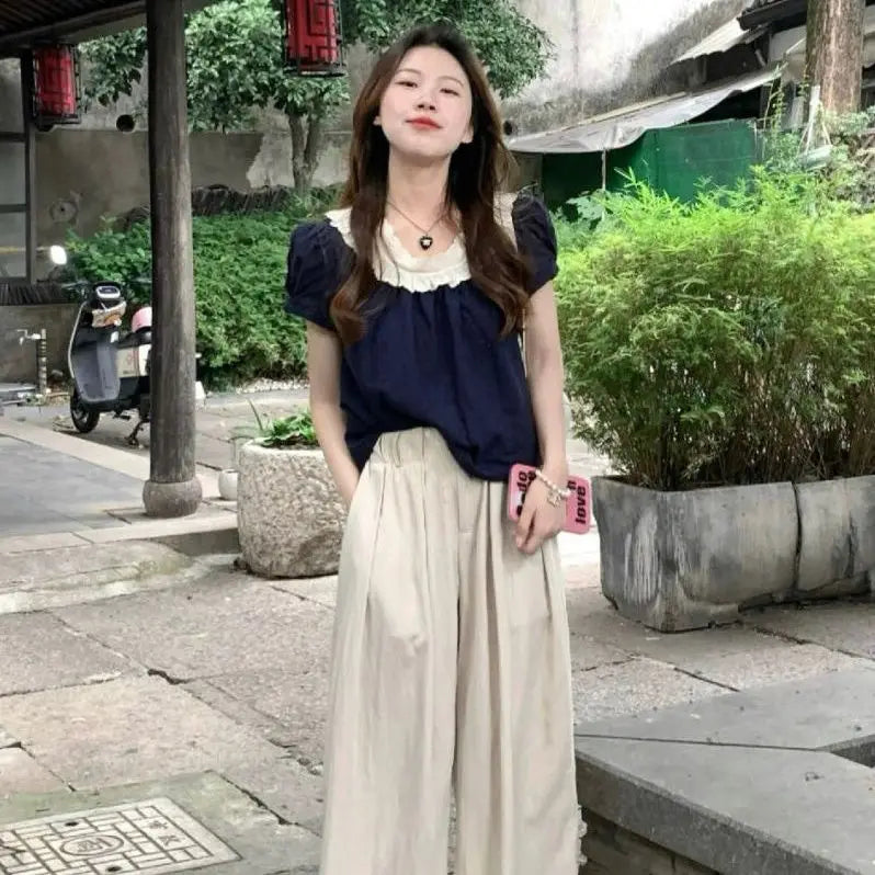 Women Summer 2025 New Short-sleeved Shirt Top High Waist Loose Wide-leg Pants Two-piece Set