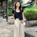 Women Summer 2025 New Short-sleeved Shirt Top High Waist Loose Wide-leg Pants Two-piece Set