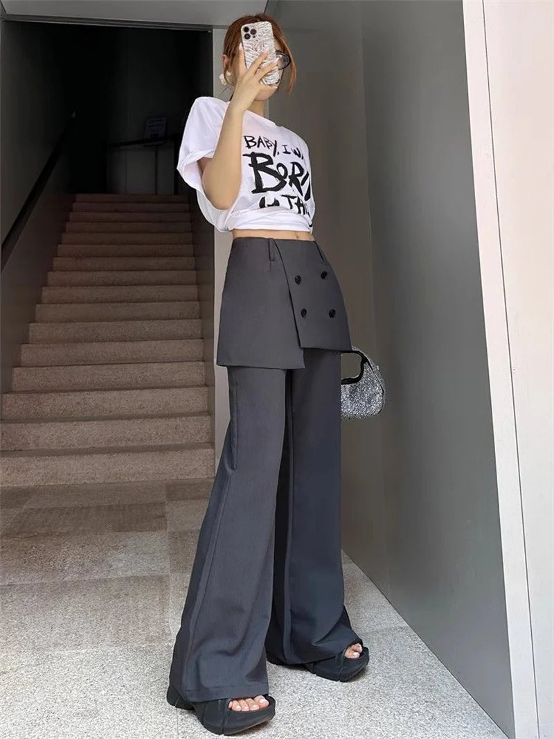 Korean Women's Apron Pants Short Skirt Patchwork Fashion High Street Fake Two Pants Solid Color High Waist Flared Pants 937P