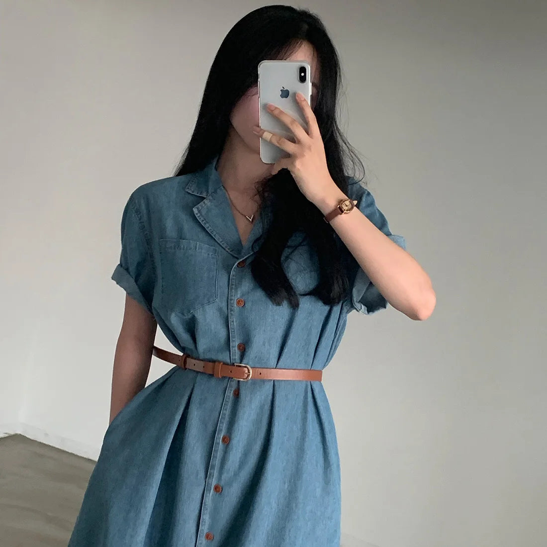 Slimming Chic Retro Chic Long Dr with Belt High Waist A-Line Skirt ort Sve Korean Sle Commute Dr Denim Dr