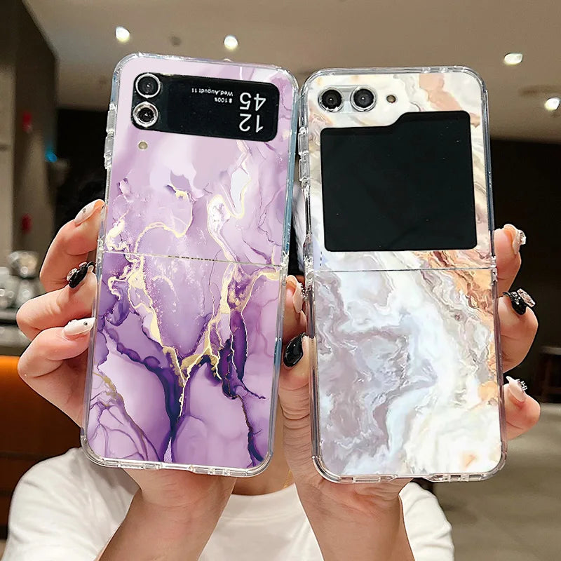For Samsung Galaxy Z Flip 7 6 5 4 3 Case Watercolor Marble Pattern Hard Clear Folding Cover For Samsung Z Flip6 Flip5 Flip7
