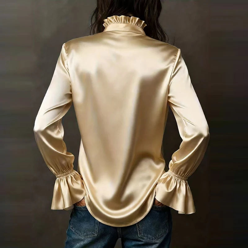 Elegant Blouses For Women Spring Autumn Satin Shirt Women Fashion Flare Long Sleeve Button Silk Blouse All Match Office Lady Top