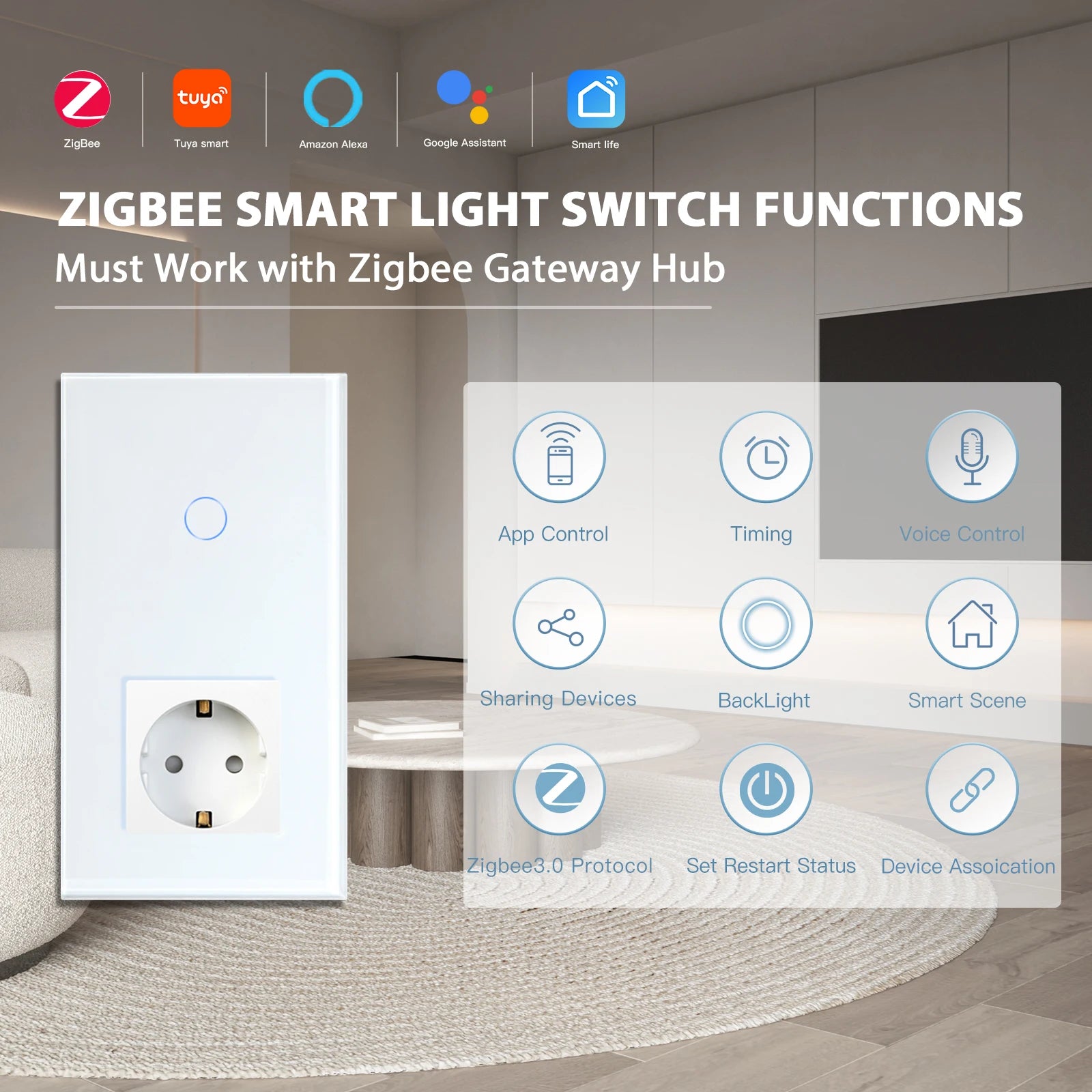 Bseed EU Zigbee Touch Switch 1/2/3Gang 2Way Smart Light Switch Wall Socket USB Type-C Charge Port Tuya Google Home Alexa Control