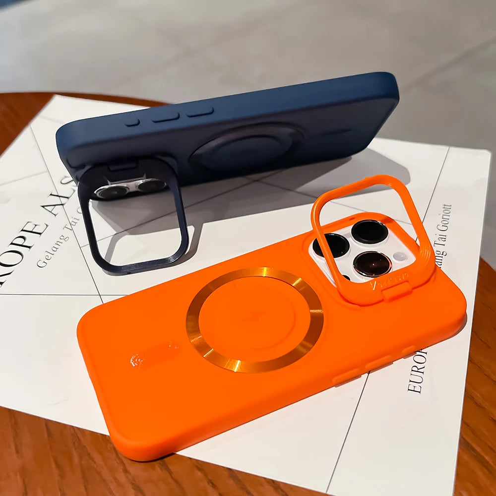 Luxury Flip Up Lens Holder Magnetic Case For iPhone 17 Air 16 Pro Max 14 15 13 12 11 Pro Plus Magsafe Charge Soft Silicone Cover