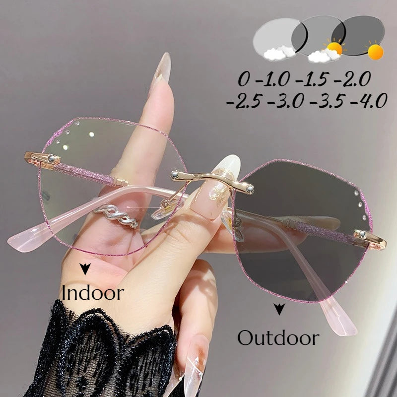 Shining Rimless Photochromic Myopia Glasses for Women Oversize Blue Light Blocking Computer GLasses UV Protection Sunglasses