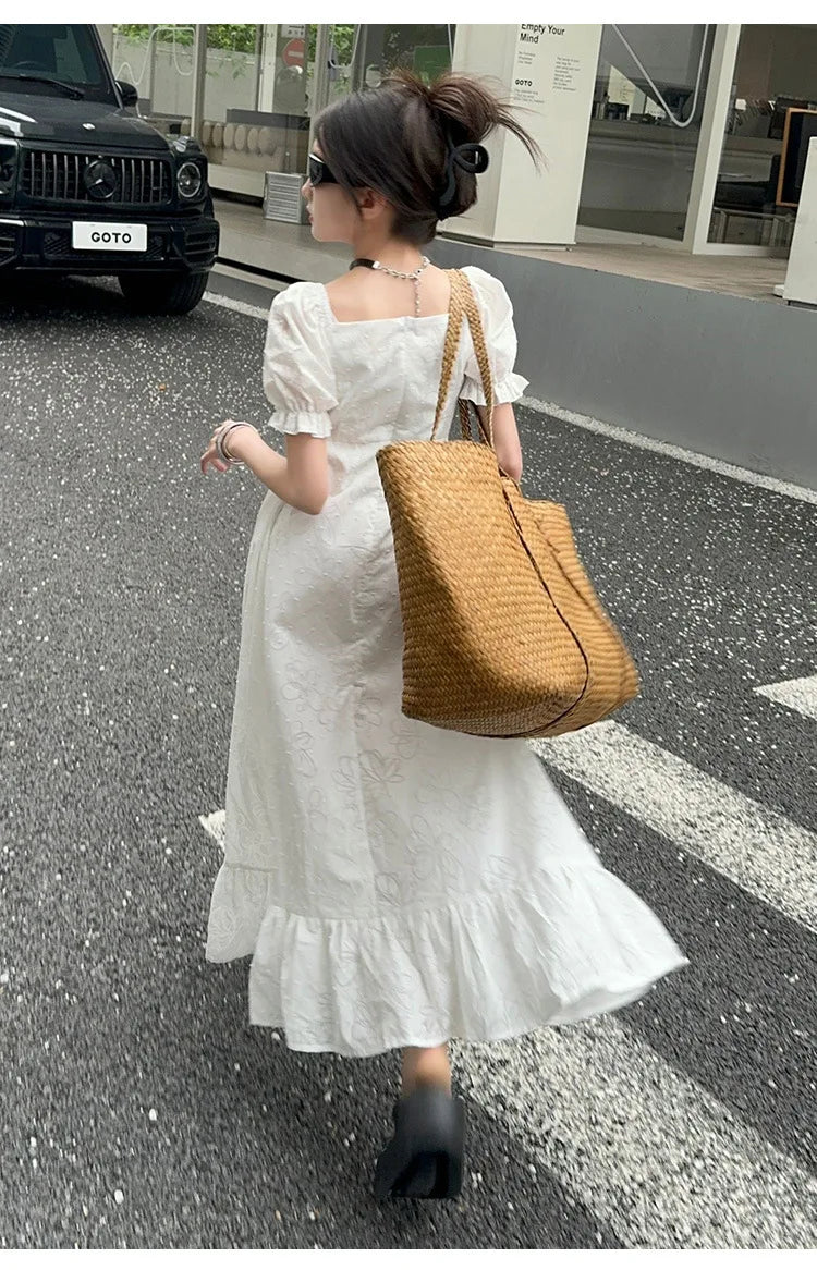 junior girls 2024 French Square Neck White Short Sleeve Dress Puff Sleeve Ruffle Long Skirt Premium teen kids princess Dresses
