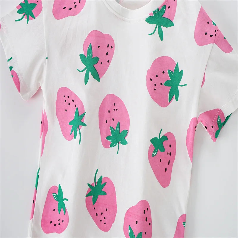 Jumping Meters 100% Cotton 3-8T Strawberry Girl 2 PCS Sets Baby Outfits Summer Tops + Shorts Children's Clothing Toddler Outfits