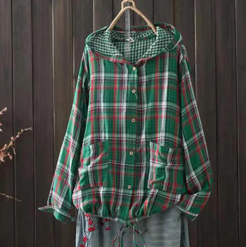 Large size blouses for women autumn hooded long sleeve single-breasted plaid shirts cotton checkered oversized shirt outwear