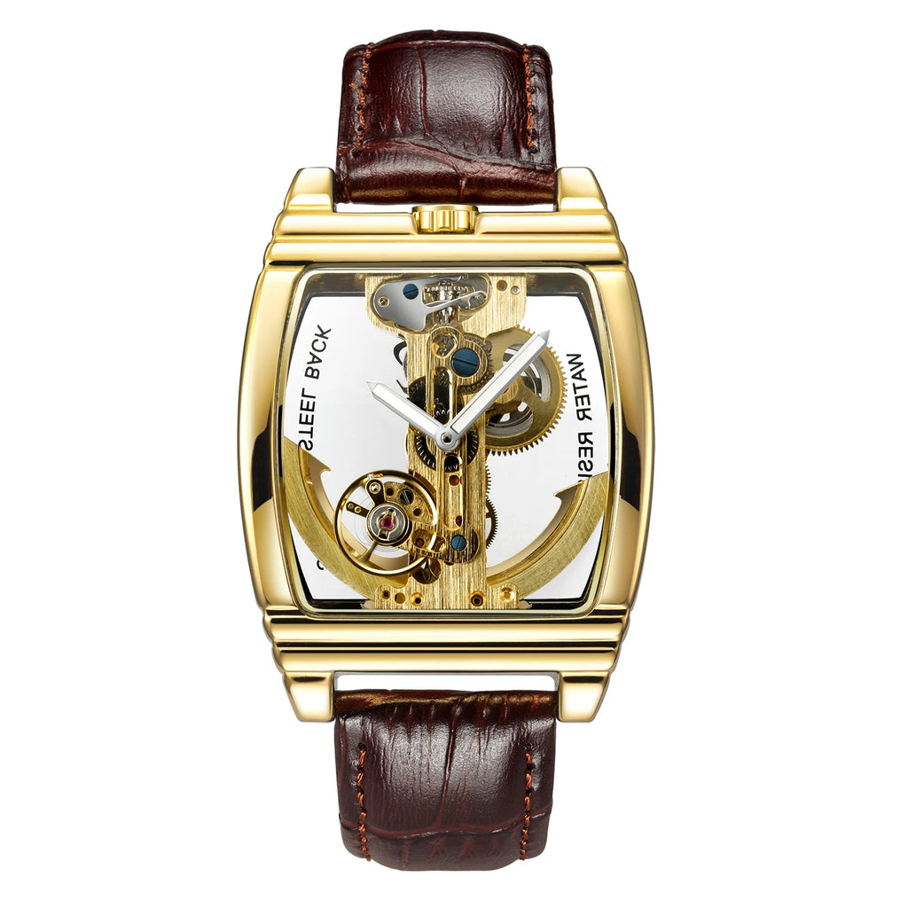 Luxury Transparent Automatic Mechanical Men Watch Steampunk Skeleton Gear Self Winding Leather Men's Clock Watches montre homme