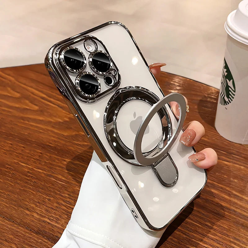 for Magsafe Bracket Plating Case for iPhone 16 15 14 Pro Max Plus 13 12 Magnetic Stand Ring Holder Transparent Shockproof Cover