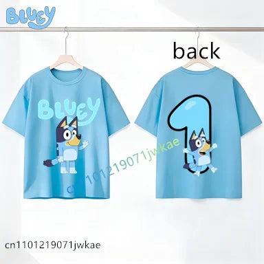 Bluey Birthday Number T-shirt 1-9 Y Kids Front Back Print Cute Cartoon Short Sleeve Boys Girls Summer Tops Birthday Party Gifts