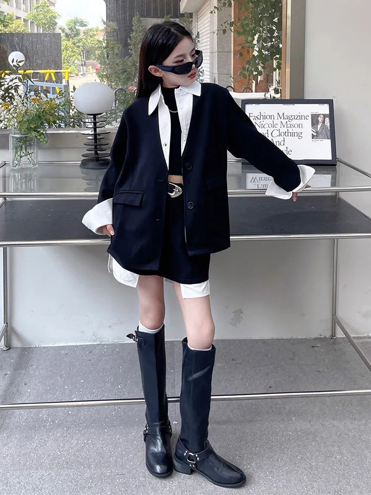 Girls' Suit Set Ages 5-14 Trendy Spliced Two-Piece Outfit with Jacket And Short Skirt for Children's Fashion Shows Machine Wa...