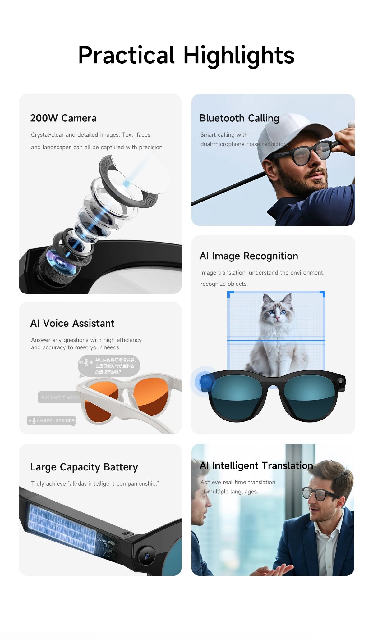 AI Smart Camera Glasses for Men And Women with Real-Time Translation Object Recognition Video Recording And Bluetooth Calling