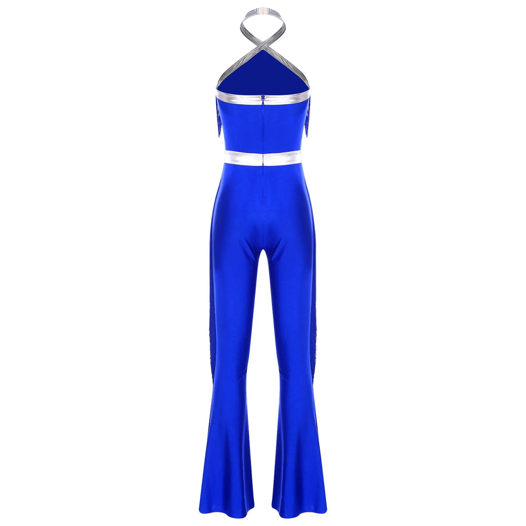 Womens 70s Disco Party Jumpsuit Halter Shiny Sequins Tassel Flared Pants Latin Jazz Dance Rompers Rave Festival Prom Clubwear