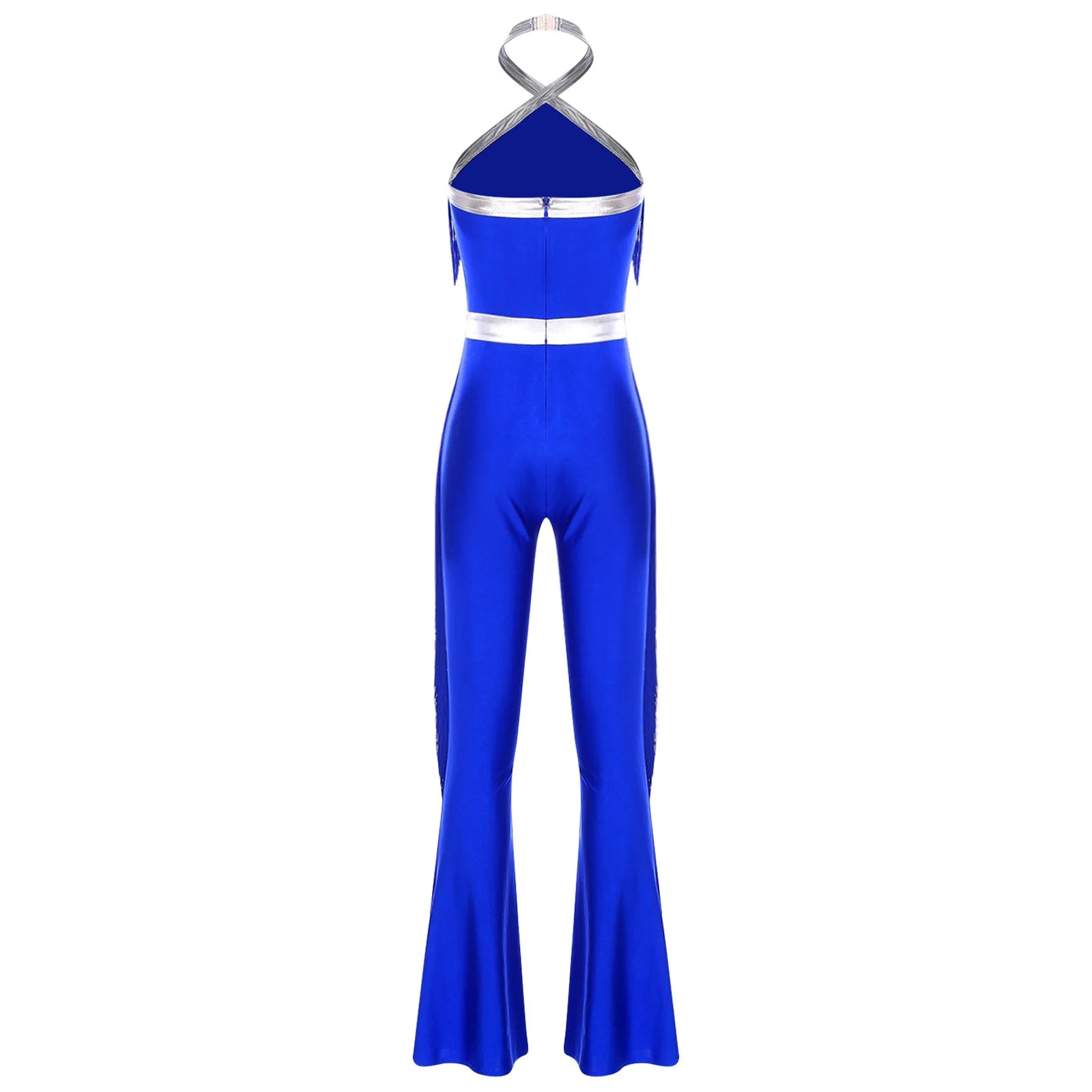 Womens 70s Disco Party Jumpsuit Halter Shiny Sequins Tassel Flared Pants Latin Jazz Dance Rompers Rave Festival Prom Clubwear