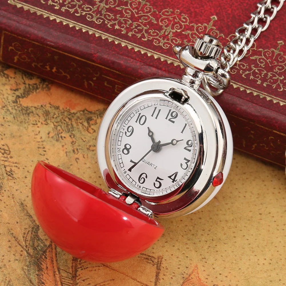 Xmas Red White Ball Shaped Necklace Pocket Watch Kids Pendant Quartz Pocket Clock Christmas Gifts