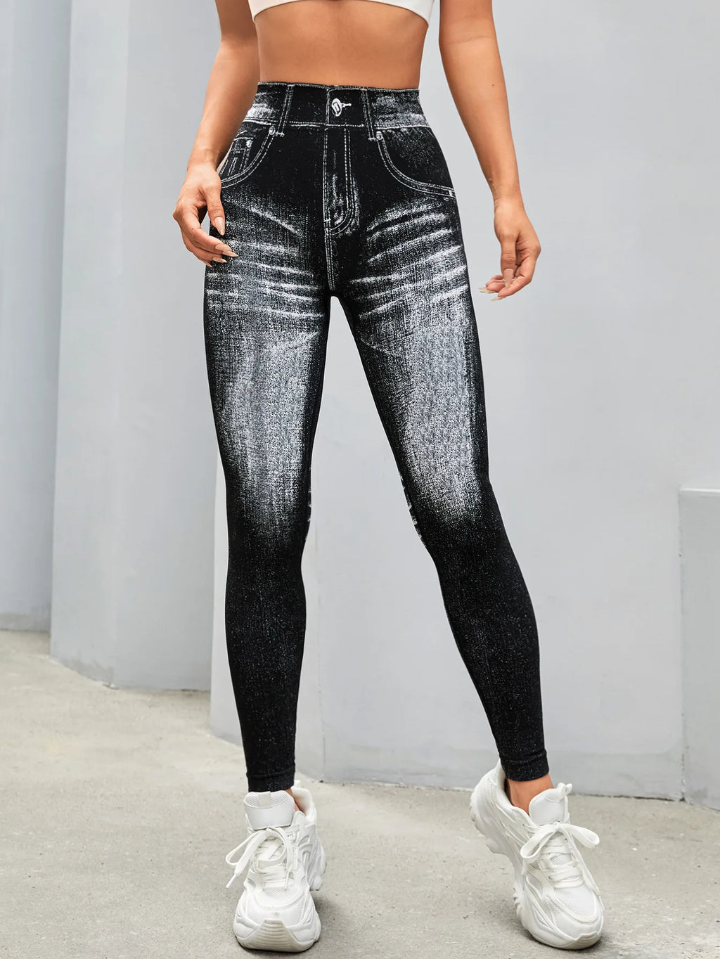 Women's Gym Printed Yoga Tight Pants Seamless High Waisted Denim-like Perforated Fake Pocket Tight Pants Yoga Fitness Leggings