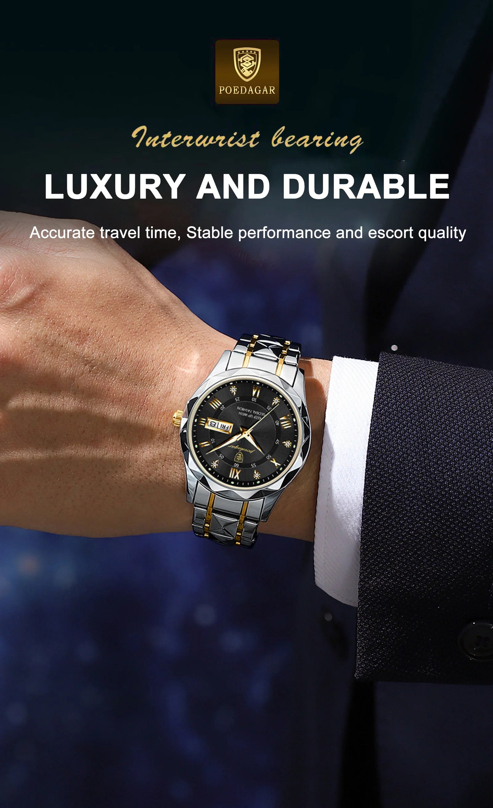 POEDAGAR Luxury Brand Men's Watches Waterproof Stainless Steel Luminous Man Wristwatch Date Week Quartz Business Men Clock Reloj