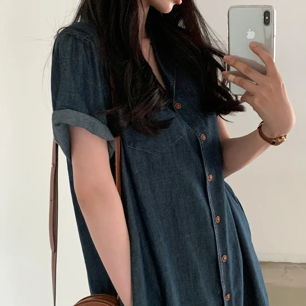 Slimming Chic Retro Chic Long Dr with Belt High Waist A-Line Skirt ort Sve Korean Sle Commute Dr Denim Dr