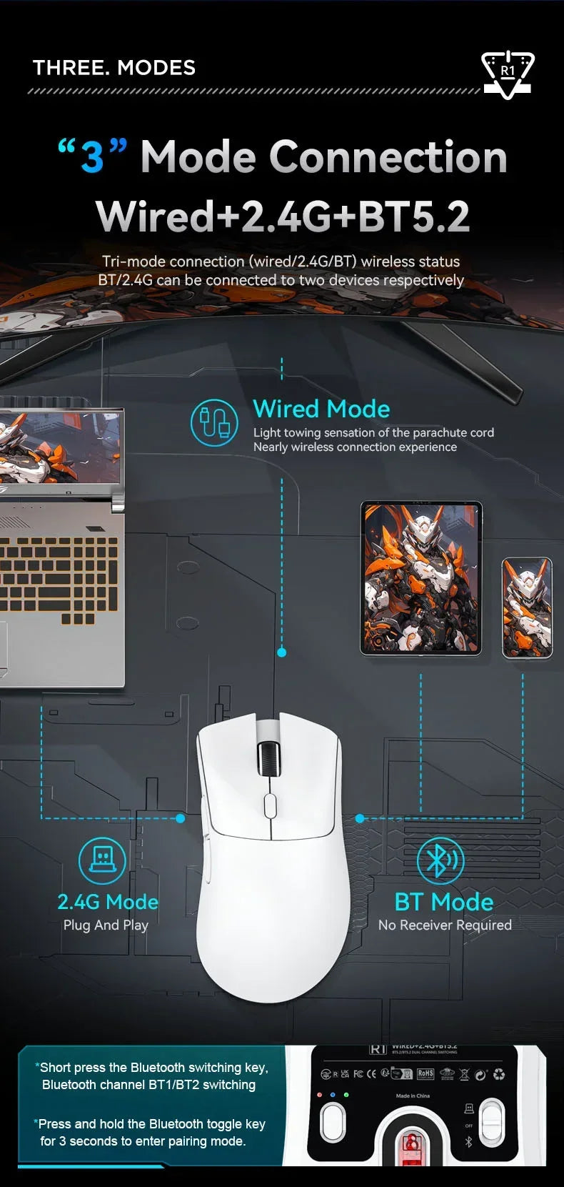 Attack Shark R1 Wireless Mouse Lightweight Ergonomic DesignMouse 1000Hz Bluetooth Tri-mode Connection 18000dpi Optical Mouse
