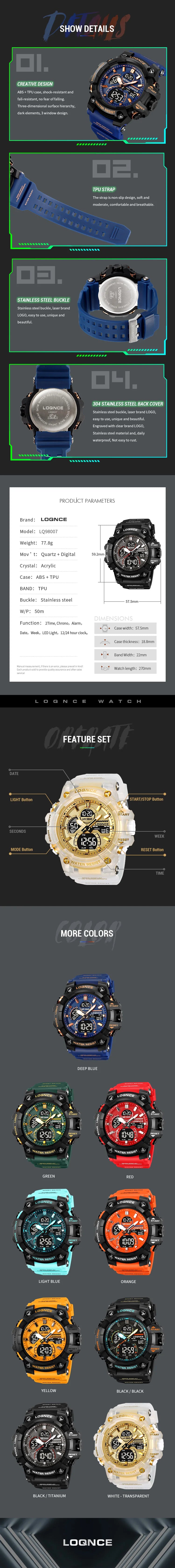 New LOQNCE 98007 Men's Watch For You 50M Waterproof Watches High Quality Movement Calendar Luminous Alarm Silicone Band With Box