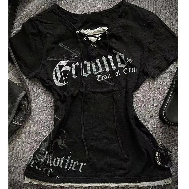 American Vintage Fake Two Pieces T-Shirt Women Streetwear Hip Hop Gothic Harajuku Grunge Y2k Crop Tops Black Skull Punk Tees