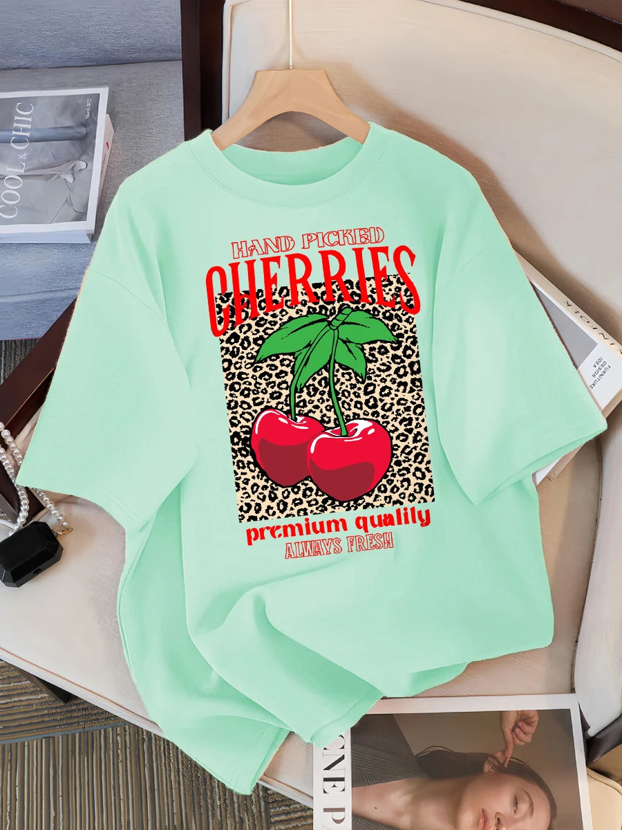 Hand Picked Cherries Always Fresh Printing T-Shirt Women Cotton Crewneck T Shirts Summer Loose Clothes Multicolor Short Sleeve