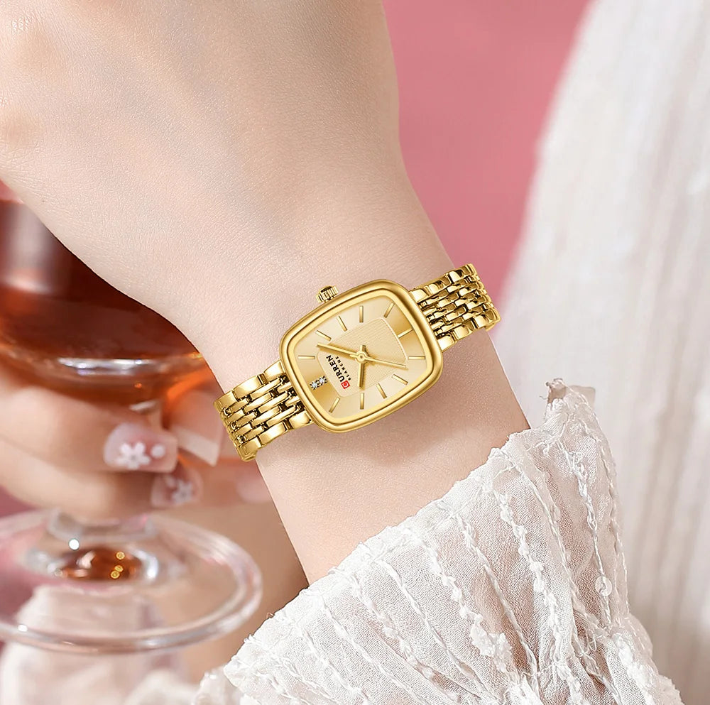 Curren 9093 Square Quartz Watch for Ladies, Waterproof Minimalist Casual Wristwatch with Stainless Steel Strap