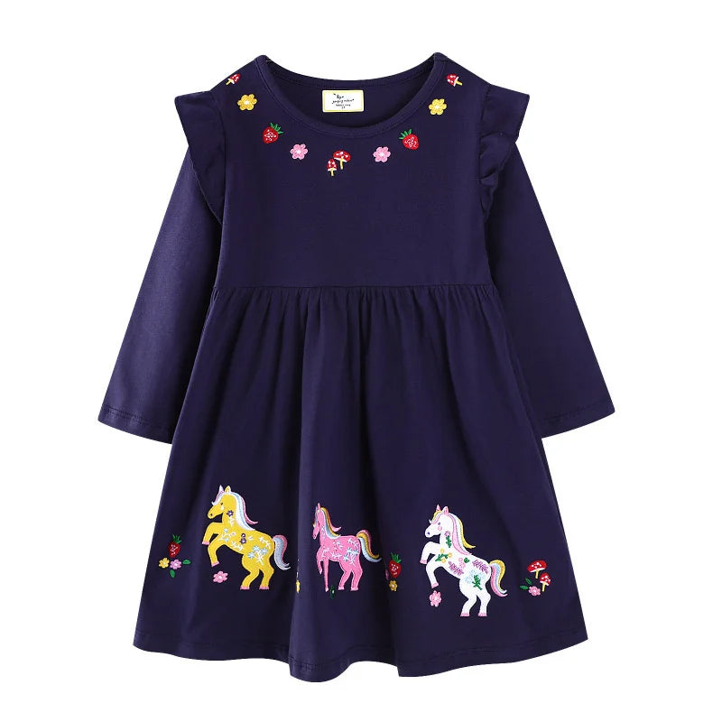 Jumping Meters 2-7T Princess Girls Dresses Buttons Hot Selling Long Sleeve Animals Baby Girls Clothes Party Kids Frocks Costume