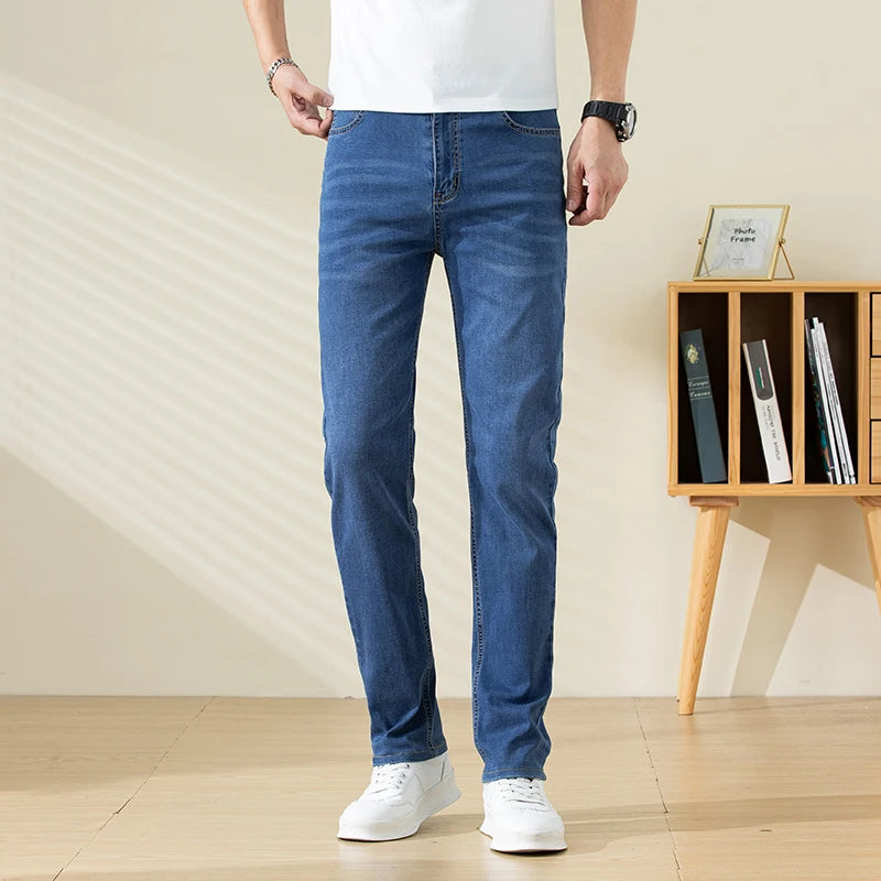 Summer Thin Mens Clothing Cowboys Slim Straight Jeans Men Denim Pants Casual Regular Fitness Men's Trousers Light Blue 2025