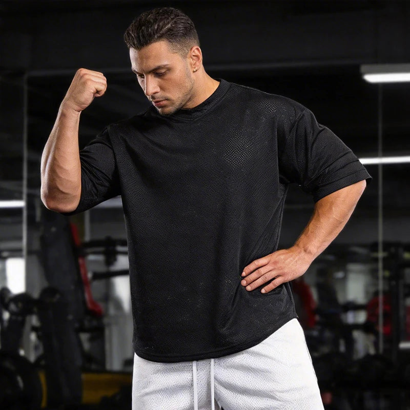 Oversized  Dropped Shoulders Half Sleeve T-shirts Mens Summer Big Mesh Quick Dry Sports Clothing Gym Fitness Workout T Shirts