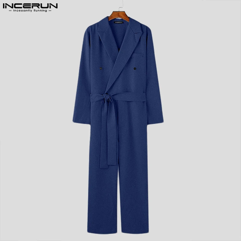 INCERUN 2024 American Style Fashion Jumpsuit Casual Men's Suit Neck Double Breasted Jumpsuits Long Sleeved Casual Rompers S-5XL