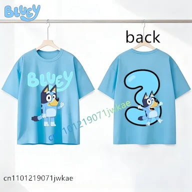 Bluey Birthday Number T-shirt 1-9 Y Kids Front Back Print Cute Cartoon Short Sleeve Boys Girls Summer Tops Birthday Party Gifts