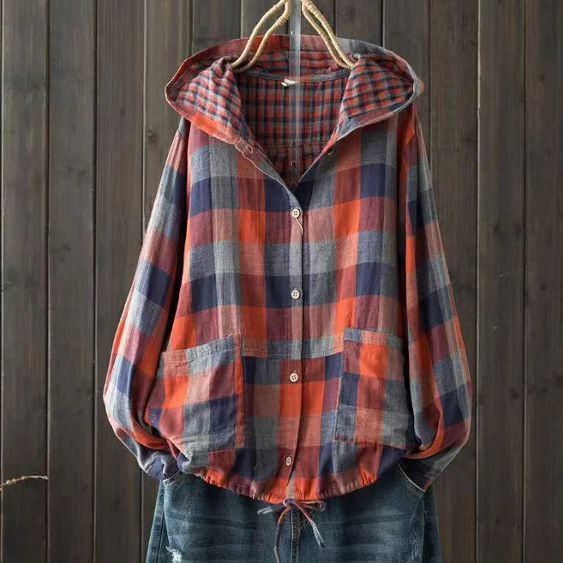 Large size blouses for women autumn hooded long sleeve single-breasted plaid shirts cotton checkered oversized shirt outwear