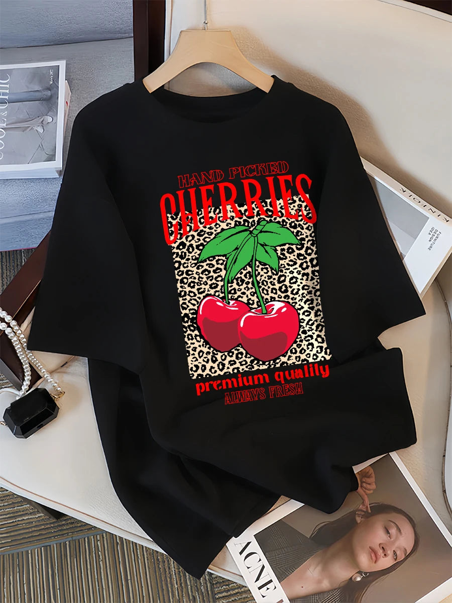 Hand Picked Cherries Always Fresh Printing T-Shirt Women Cotton Crewneck T Shirts Summer Loose Clothes Multicolor Short Sleeve