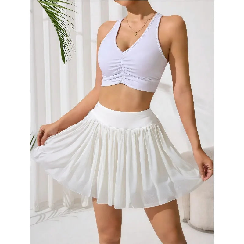 New European Style Dress Women Yoga Skirt Shorts Built in Shorts High Waisted Mesh for Tennis Workout Gym Fitness Tennis Dress