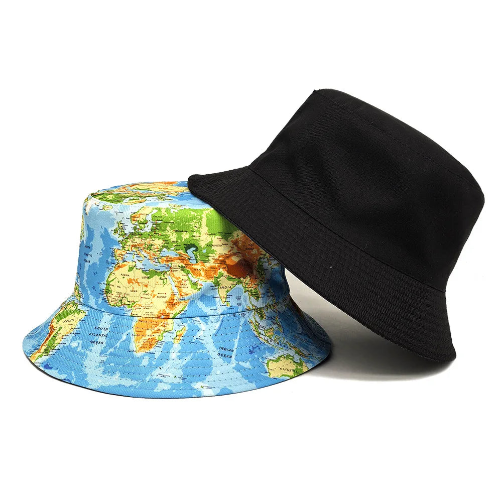 Map Pattern Anti-Sun Panama Fashion Decorate Unisex Spring Summer Outdoor Sunscreen Bucket Hat Women Men Fisherman Cap Sun Gorra