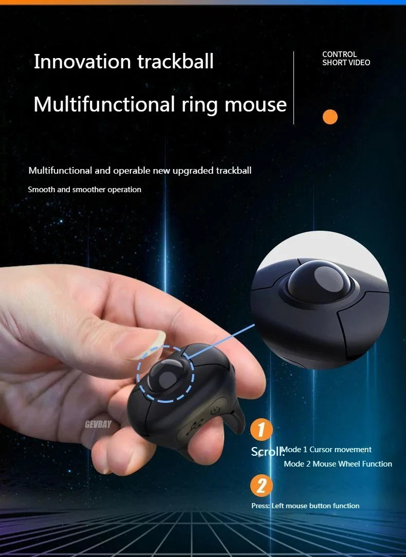 Trackball Finger Ring Mouse - 2.4G+Bluetooth Wireless Remote for Short Video/PPT/In-Vehicle Display