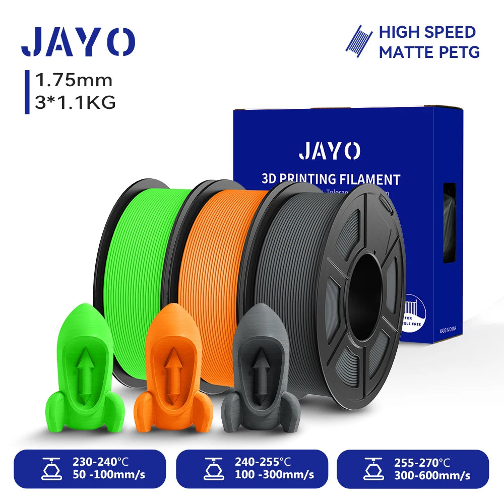 JAYO PETG/High Speed Matte PETG 3D Printing Filament 1.75MM Mix-Colors & No bubbles &Non-toxic For 3D Printer & Pen 3Rolls