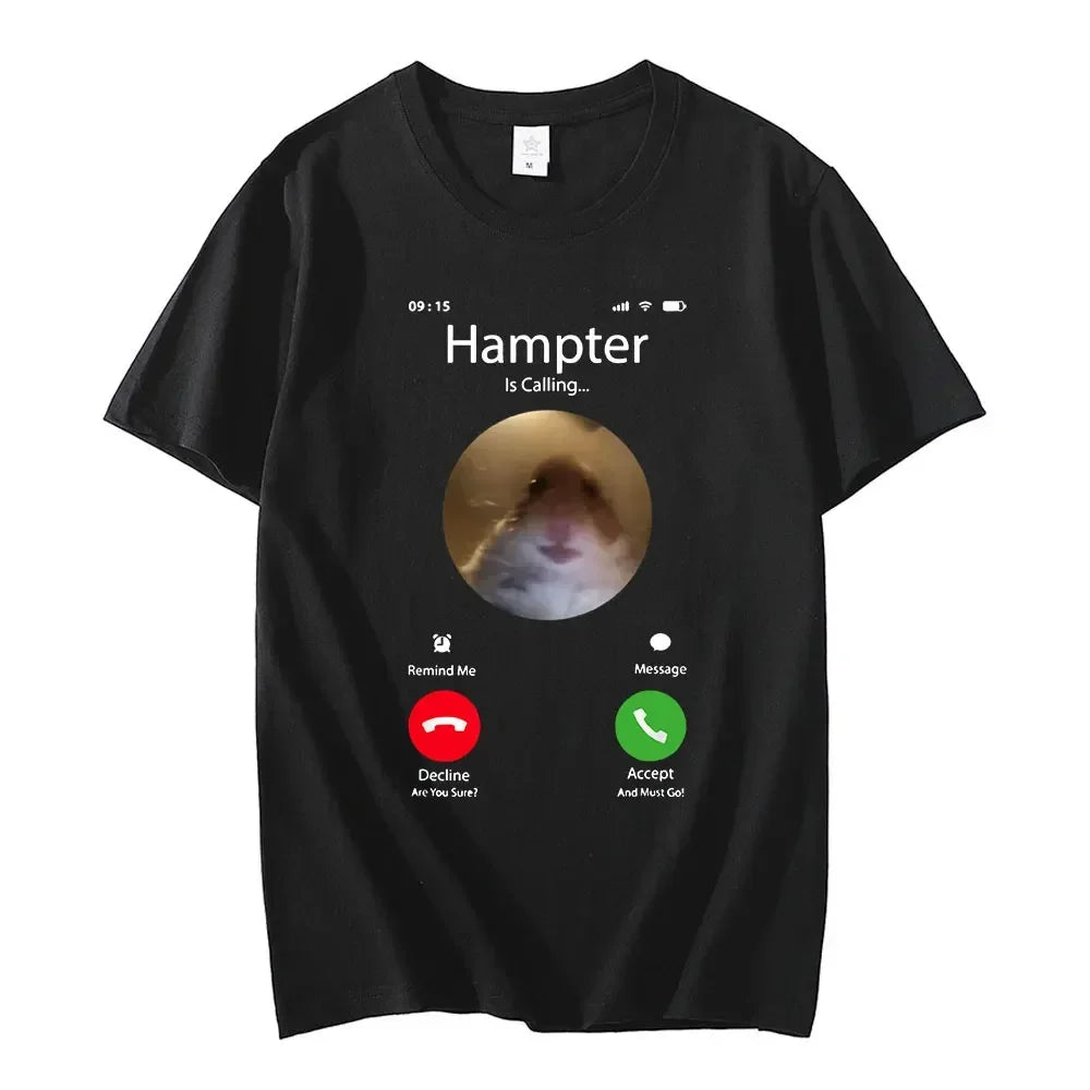 90s Dank Meme Hamster Staring Front Camera Hampter Calling T-shirt Fashion Short Sleeve T-shirts Streetwear Women T Shirt